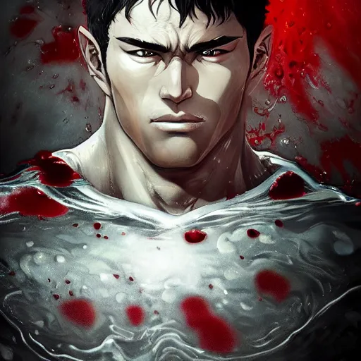 Prompt: portrait of guts from berserk submerged in red water, extremely detailed, made by wlop, maxwell boas, Sakimi chan