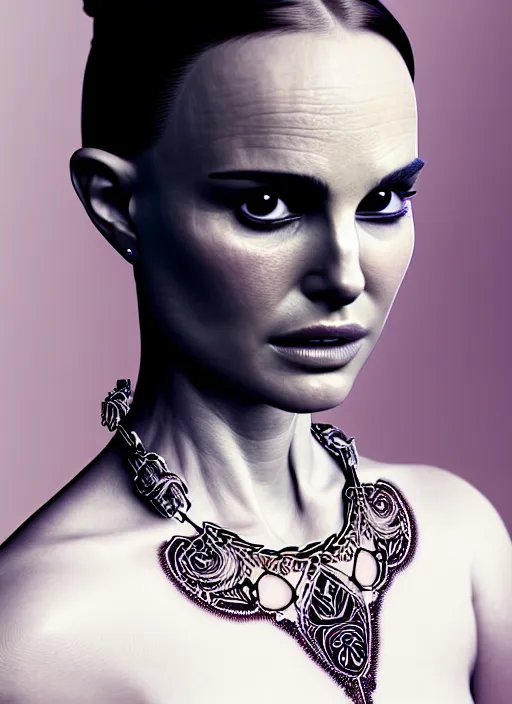 Image similar to portrait photograph of an absurdly beautiful, graceful, sophisticated, fashionable woman, natalie portman, facial tattoos, in the style of irakli nadar and alexandre ferra and popovy sisters, intricate linework, white porcelain skin, faberge, intricate chrome chains, dark atmosphere, unreal engine 5 highly rendered, global illumination, radiant light, detailed and intricate environment