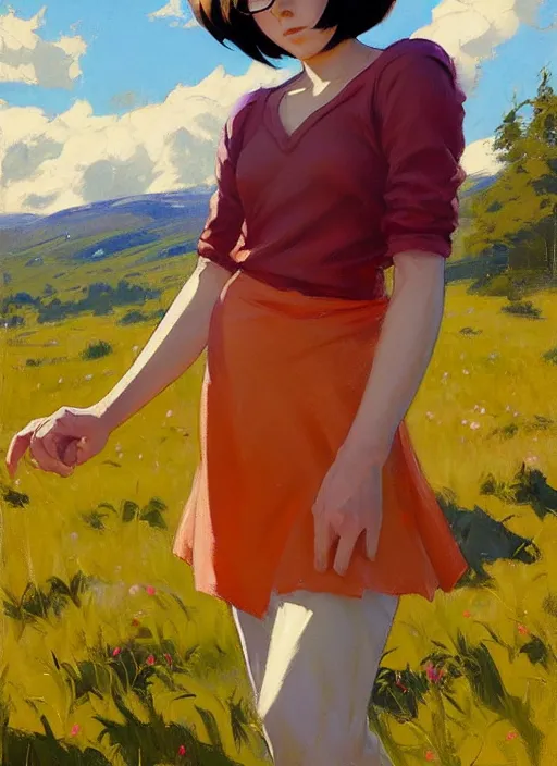 Prompt: Greg Manchess painting of Velma Dinkley, anime style, countryside, calm, fantasy character portrait, dynamic pose, above view, sunny day, artwork by Jeremy Lipkin and Giuseppe Dangelico Pino and Michael Garmash and Rob Rey and Makoto Shinkai, very coherent asymmetrical artwork, sharp edges, perfect face, simple form, 100mm