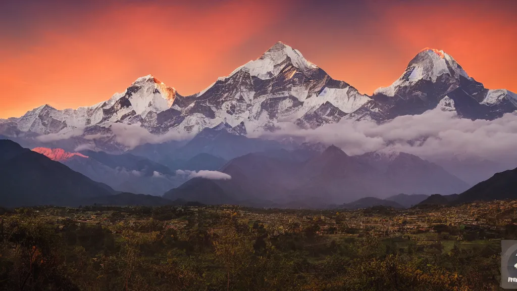 Prompt: Moody sunset picture of the Annapurna mountain range with McDonalds, large-format landscape photography