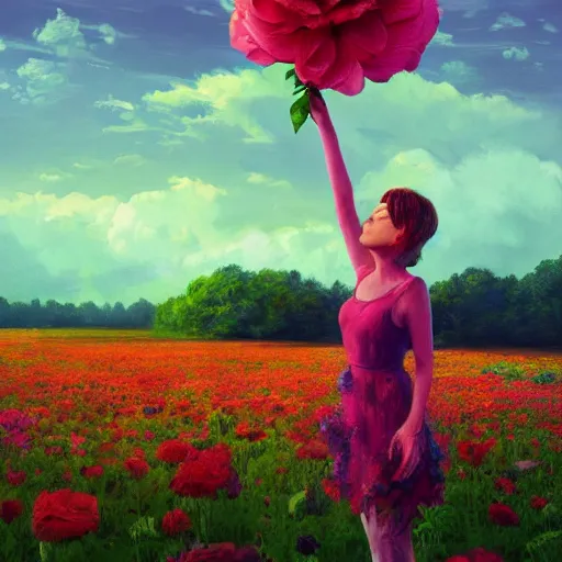 Image similar to giant rose flower head, full body girl standing in a flower field, surreal photography, sunrise, dramatic light, impressionist painting, colorful clouds, digital painting, artstation, simon stalenhag