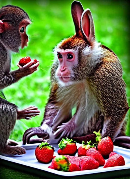 Prompt: Rabbit-capuchin hybrid eating strawberries from a tray. Bunny-monkey creature. Shot on iPhone. HD digital photography.