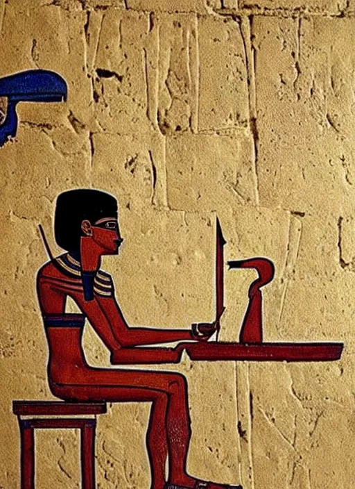 Prompt: ancient egypt painting of man using computer, 4 k, high quality, sharp fucos