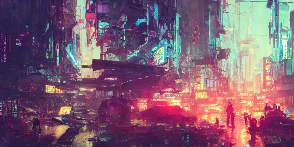 Prompt: concept art of a cyberpunk obon festival, grimy, gritty, blade runner 2 0 4 9, trending on artstation, award winning painting, cgi, art by john berkey and anton fadeev and john howe and simon stalenhag and greg rutkowski