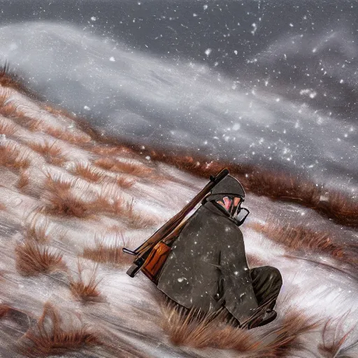 Image similar to a wide shot of a sad sniper laying on a mountain, digital art, acrylic, frost, cold, ice, scared, wind, storm, hiding, gloomy, tired,