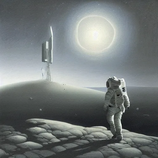 Prompt: astronaut walking on Moon dark sky grey stone landscape painting by Ayvazovski