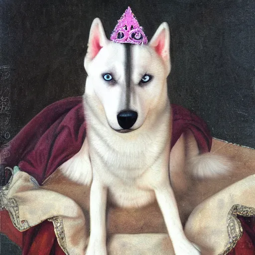 Prompt: derpy siberian husky dog princess in pink gown, medieval painting