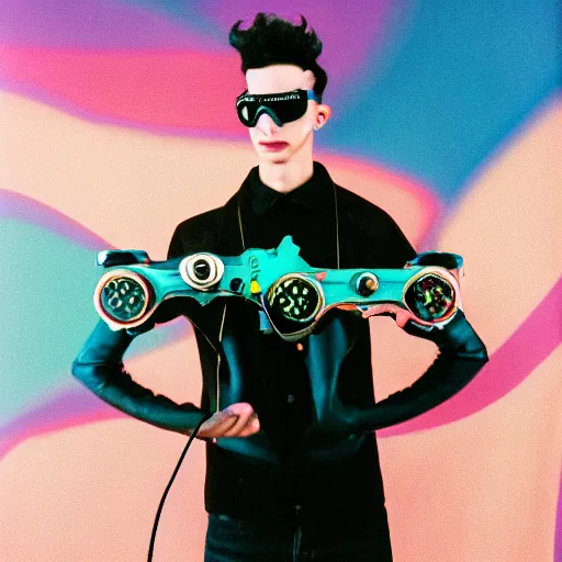 Prompt: kodak portra 1 6 0 photograph of a skinny nerdy goth guy with wild hair wearing goggles and eclectic jewelry, moody lighting, telephoto, 9 0 s vibe, rave background, vaporwave colors, faded!,