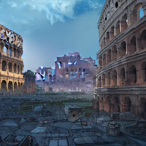Prompt: busy d & d city that has a colosseum in its center, first person perspective, artstation