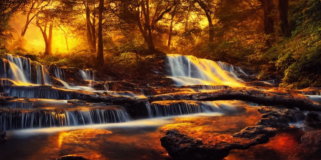 Image similar to golden hour waterfall nature landscape, matt painting, oil painting, ultra realistic, highly detailed, hd, sharp focus, cinematic lighting, warm colors, realistic, photorealistic, vivid colors, painting, non blurry, sharp, smooth, illustration