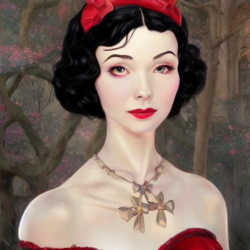 Image similar to vivien leigh as snow white, au naturel, hyper detailed, digital art, trending in artstation, cinematic lighting, studio quality, smooth render, unreal engine 5 rendered, octane rendered, art style by klimt and nixeu and ian sprigger and wlop and krenz cushart