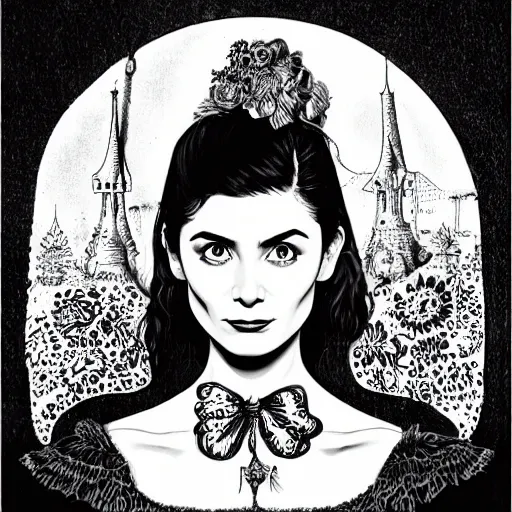 Image similar to portrait of young Audrey tautou by Joe fenton, b&w and yellow