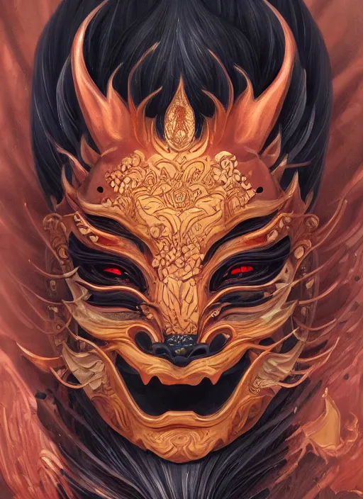 Prompt: a beautiful detailed oil on copper art illustration of a japanese hannya kitsune mask devil woman, the mask is broken, centered, by charlie bowater, zeng fanzh, trending on artstation, dim dusk lighting, cinematic lighting, detailed lighting, volumetric lighting, realistic, f 8, 4 k hd wallpaper