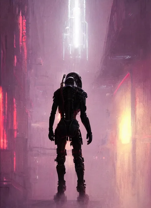 Image similar to alien vs predator, neon, rule of thirds, intricate outfit, spotlight, by greg rutkowski, by jeremy mann, digital painting