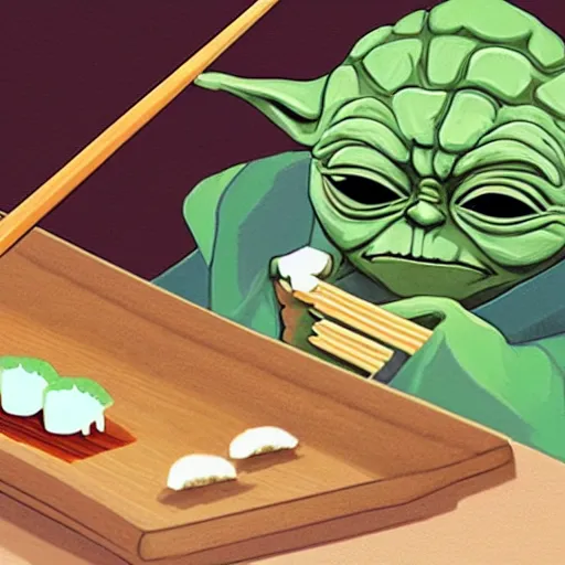 Image similar to yoda eating sushi with wood chopsticks, detailed, illustration, 2d, 4k