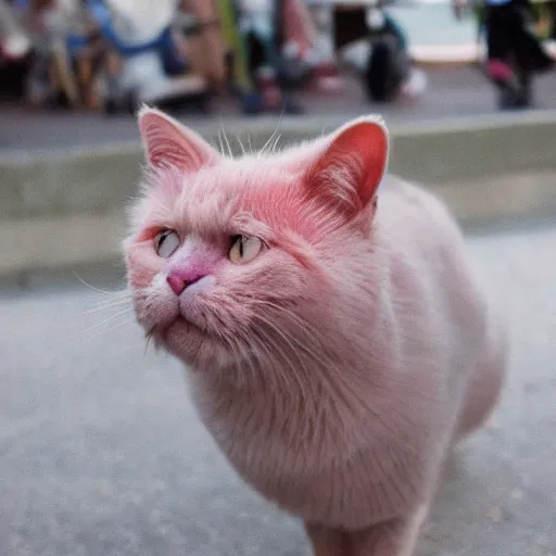 Image similar to photo of a pink cat with pink fur, eating a hamburger, biting a hamburger-C 12