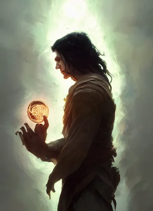 Image similar to side profile of a man with long black hair in brown rags holding a magical orb, fantasy, intricate, sharp focus, lens flare, bloom, illustration, highly detailed, digital painting, concept art, matte, art by ruan jia and wlop and greg rutkowski, masterpiece