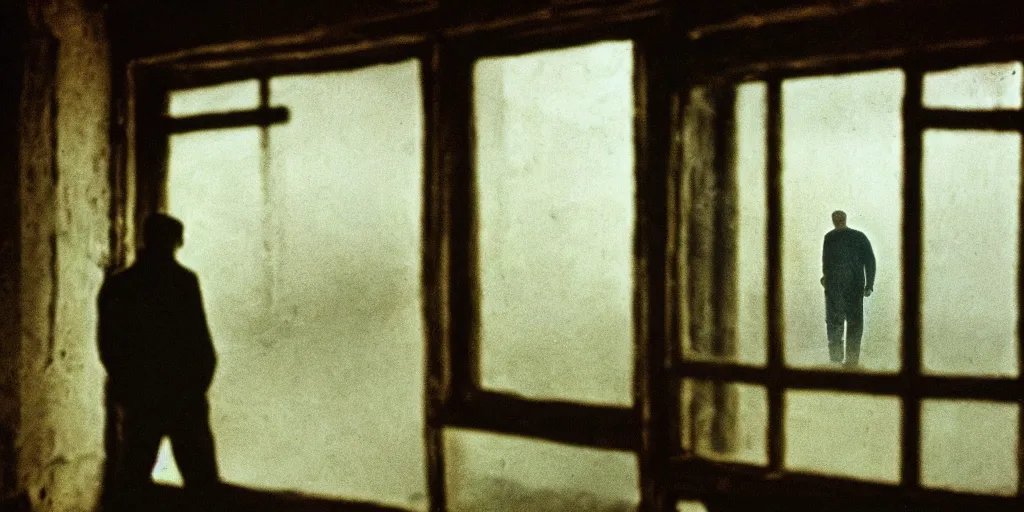 Prompt: detailed analog medium format photo from tarkovsky movie stalker, perspective of man looking through window while someone sneakily watches him in distance, haze, high production value, intricate details, 8 k resolution, hyperrealistic, hdr, photorealistic, high definition, tehnicolor, award - winning photography, masterpiece, amazing colors