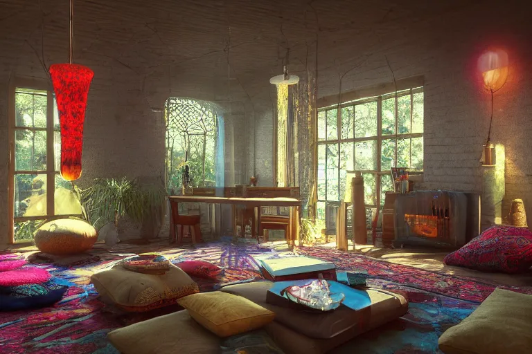 Image similar to a beautiful 7 0 s hippie pad, ornate waterpipes, lava lamps, ambient light, persian carpets, pillows, realistic, highly detailed, unreal engine, octane render,