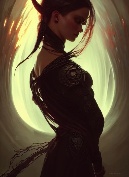 Image similar to Necromancer Sorceress, fantasy magic, undercut hairstyle, dark light night, intricate, elegant, sharp focus, illustration, highly detailed, digital painting, concept art, matte, art by WLOP and Artgerm and Greg Rutkowski and Alphonse Mucha, masterpiece