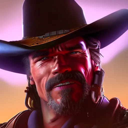 Image similar to a screenshot of arnold schwarzenegger as mccree in overwatch, portrait, fantasy, beautiful face, vivid colors, elegant, concept art, sharp focus, digital art, hyper - realistic, 4 k, unreal engine, highly detailed, hd, dramatic lighting by brom, trending on artstation