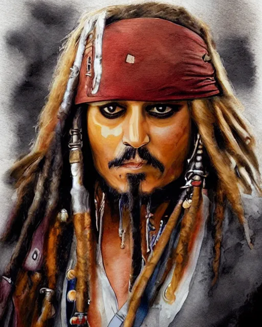 Image similar to portrait of captain jack sparrow, painterly style, matte illustration, watercolour