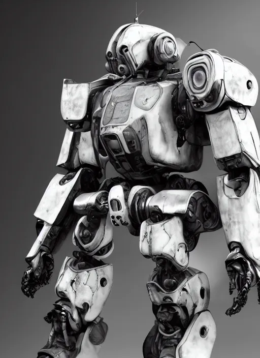 Prompt: a Photorealistic dramatic hyperrealistic render of a futuristic exosuit warrior Mech,Ultra realistic details,glossy white metal,weathered surfaces,by Hidetaka Tenjin,Yoh Yoshinori,Yoji Shinkawa,Masamune Shirow,Beautiful dramatic dark moody tones and lighting,cinematic atmosphere,studio lighting,shadows,dark background, Octane render,8K