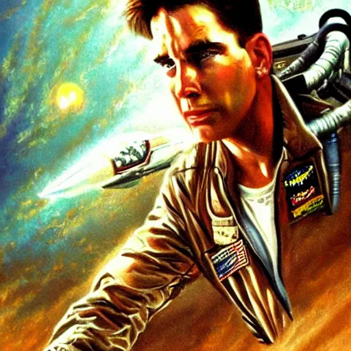 Prompt: realistic portrait beautiful painting of scene from Top Gun Film when human mutate into a Cybernetic Ghost. Horror, created by Thomas Kinkade.