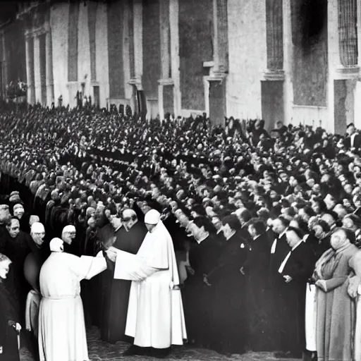 Image similar to the pope giving out communion to a large group of armed fascists in the 1930s, 8k