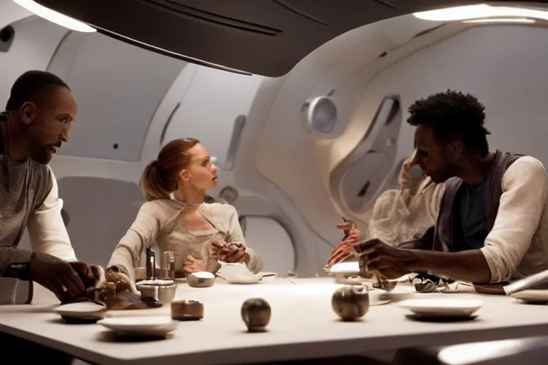 Image similar to movie diverse interracial small team of European sci-fi futuristic space explorers talking at the table in a spaceship kitchen, beautiful skin, Symmetrical faces. Beautiful lighting by Emmanuel Lubezki