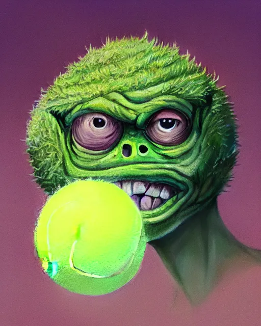 Image similar to highly detailed vfx portrait of a character of a tennis ball monster stephen bliss, chalk, unrealengine, greg rutkowski, loish, rhads, beeple, chalk, makoto shinkai and lois van baarle, ilya kuvshinov, rossdraws, tom bagshaw, basil gogos