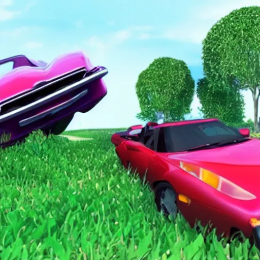 Image similar to The car from outrun gane crashed into a tree