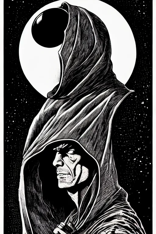 Image similar to side view of wizard in a hooded cloak gazing into a crystal ball, high details, intricately detailed, by vincent di fate, inking, 3 color screen print, masterpiece, trending on artstation, sharp, details, hyper - detailed, hd, 4 k, 8 k