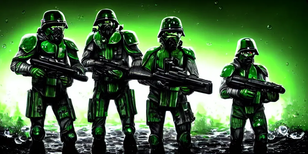 Image similar to A detailed sketch of two guerilla soldiers with green plasma rifles with revolver drums wearing grey armour with dark green stripes and full helmets with dark green visors, night, rain, water drops on the lense, a complicated black spaceship with green lights in the background, realistic 4k octane beautifully detailed render, 4k post-processing, highly detailed, intricate complexity, epic composition, magical atmosphere, cinematic lighting, masterpiece, ultra hd