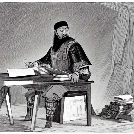 Prompt: genghis khan doing his taxes, photoshoot