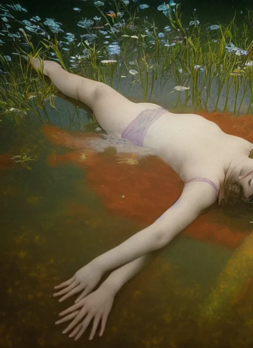 Prompt: lady laying under the river bed amongst the weeds, underwater shot, submerged, medium shot, on the bed of the river preraphaelite colour photography, 8 k