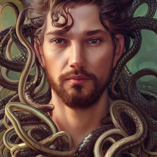 Image similar to male medusa, highly detailed, digital painting, snakes, artstation, concept art, smooth, sharp focus, illustration, art by artgerm and greg rutkowski and alphonse mucha