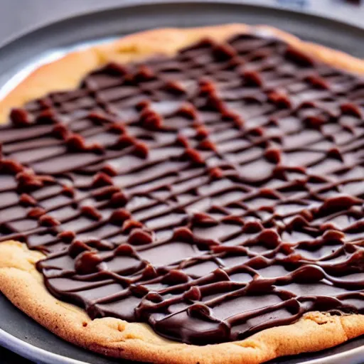 Image similar to iPhone 5S photograph of A hot cookie cake pizza with chocolate pepperonis made with chocolate sauce and whipped cream