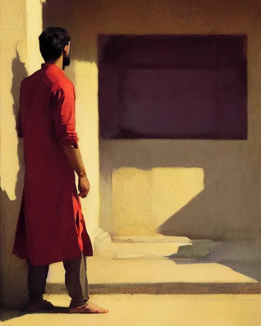 Prompt: a guy in a kurta waiting for his love to come, art by greg rutkowski, gustave courbet, rosa bonheur, edward hopper. faithfully depicted facial expression, perfect anatomy, sharp focus, global illumination, radiant light, detailed and intricate environment, trending on artstation