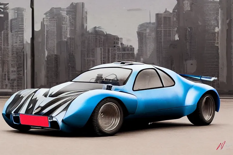 Image similar to 1935 BMW M1 Stratos, city in cyberpunk style by Vincent Di Fate