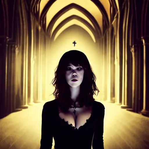 Image similar to mary elizabeth winstead as a vampire in a gothic cathedral at night, gloomy, gothic, ground mist, volumetric light.