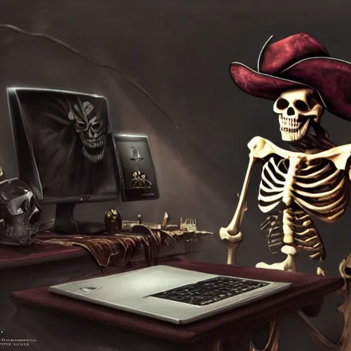 Prompt: a pirate skeleton with a pirate hat sitting in front of a laptop programming, dark room, light coming from crt monitor, highly detailed, intricate, digital art, trending on artstation, trending on cgsociety