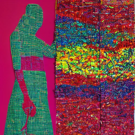 Prompt: anima girl lost in colors artwork by el anatsui