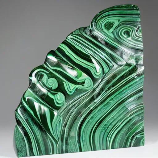 Image similar to abstract carved malachite sculpture, wiggly non rational shapes, fluid and dynamic, sharp and smooth, product photo