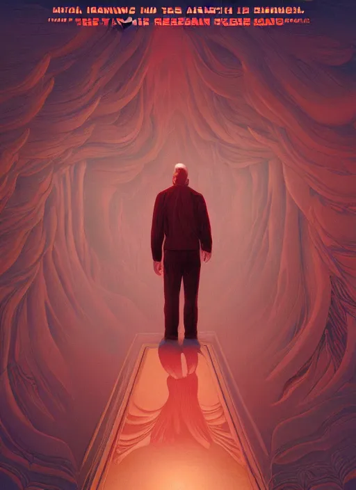 Prompt: Twin Peaks poster artwork by Michael Whelan and Tomer Hanuka, Karol Bak, Rendering of BOB emerges from a bright light, the drapes of the red room reflected beneath him, from scene from Twin Peaks, clean, full of details, by Makoto Shinkai and thomas kinkade, Matte painting, trending on artstation and unreal engine