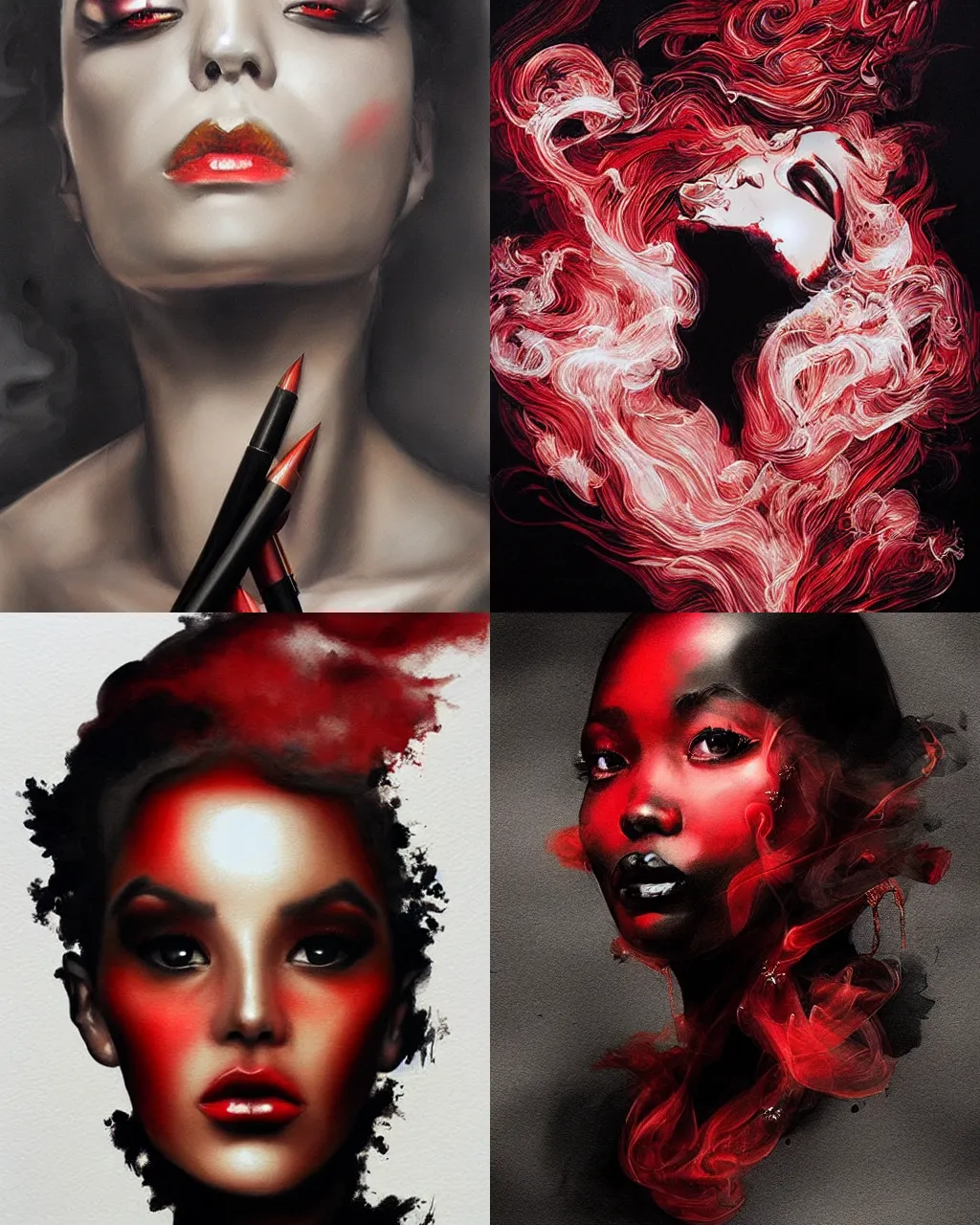 Prompt: black red gilded ink smoke portrait, by artgerm and WLOP