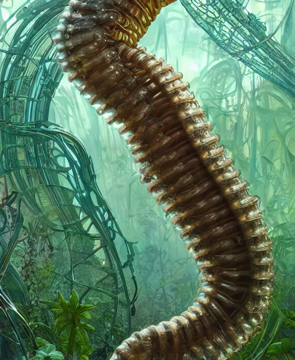 Image similar to opulent transparent clear see - through portrait of a terrifying beautiful male alien centipede computer cyborg, mottled coloring, adorable, childlike, overgrown biopunk jungle environment, ultra realistic, concept art, art nouveau, photorealistic, octane render, 8 k, unreal engine. art by christopher marley and artgerm and greg rutkowski and alphonse mucha