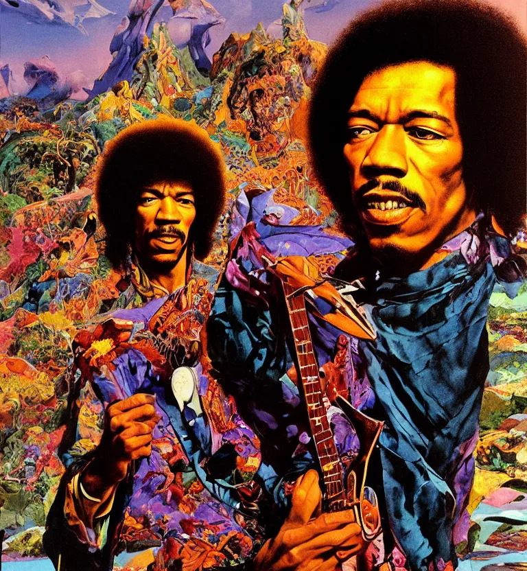 Prompt: colour portrait photography of jimi hendrix full body shot by annie leibovitz, moebius, josh kirby, scifi landscape in background by roger dean and syd mead and killian eng and james jean and giger and beksinski, greg hildebrandt, 8 k