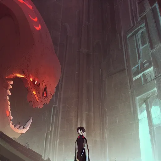 Image similar to a gigantic shadowy bug demon cyclops, medieval background, highly detailed, digital painting, artstation, matte, by makoto shinkai, animation style, studio ghibli, anime key visual