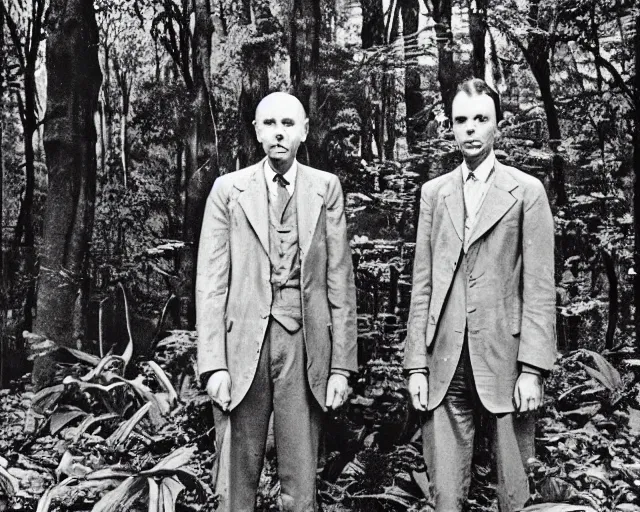 Image similar to close - up of edgar cayce and aldous huxley in a forest, epic colorful hyper detailed award winning photography